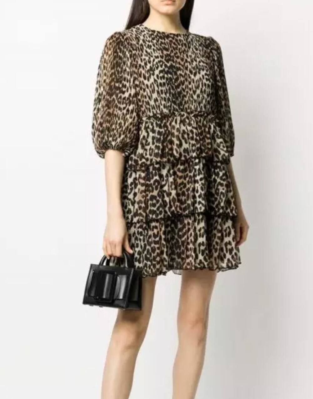 GANNI Leopard Print Pleated Tiered Georgette Mini Dress NWT size 32/US 0